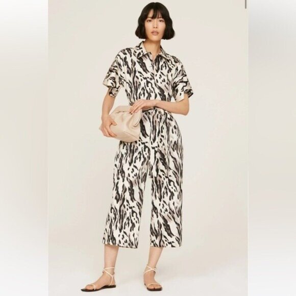 Natori Lyn Wide Leg Leopard Animal Print Jumpsuit Short Sleeve No Belt Large - Picture 1 of 10